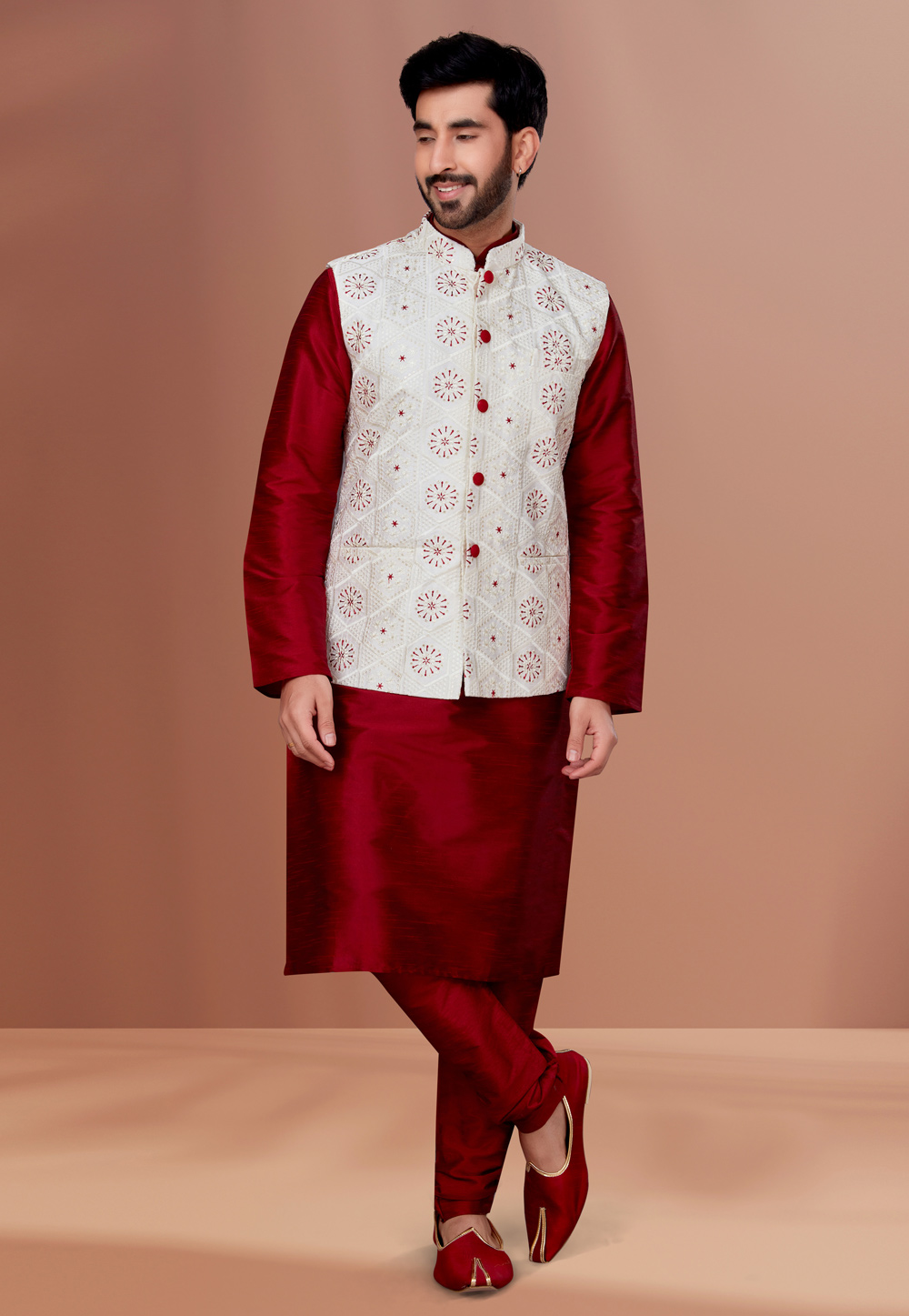 Maroon Banarasi Kurta Pajama With Jacket 256883