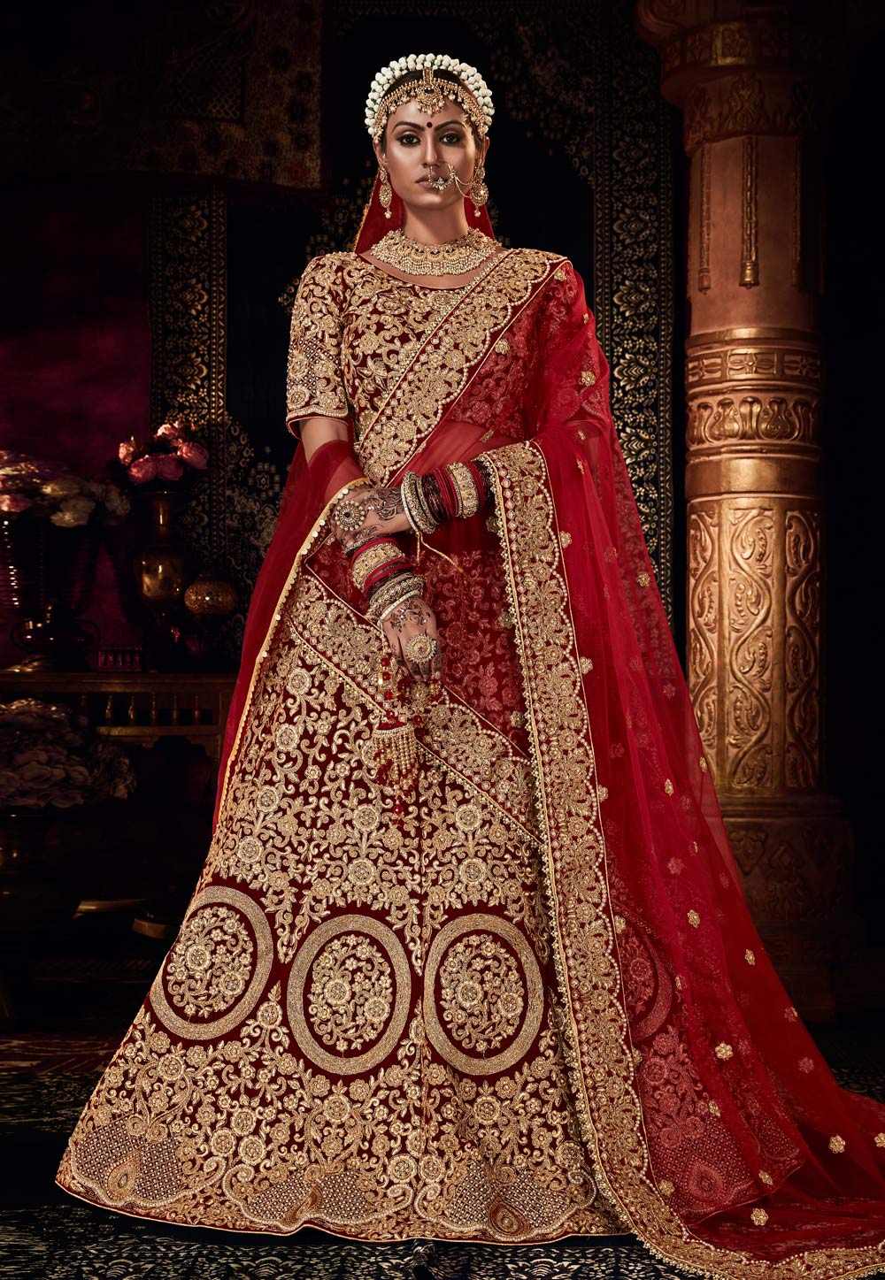 Maroon Velvet Embroidered Bridal Lehenga Choli 238391