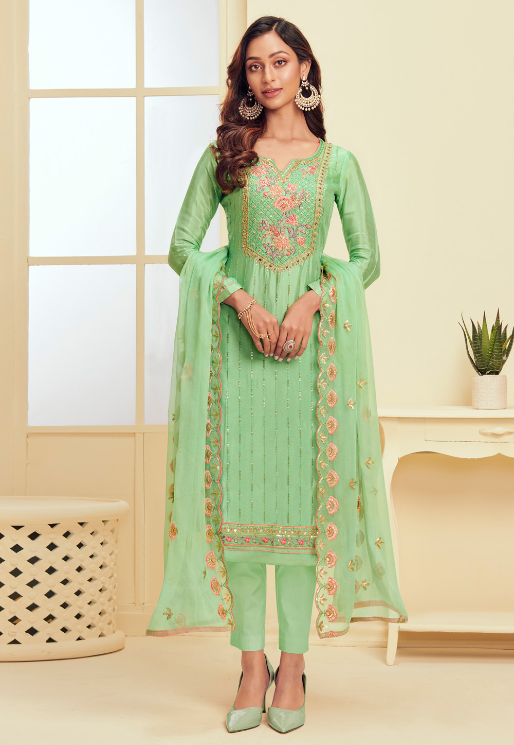 Light Green Georgette Pant Style Suit 228301