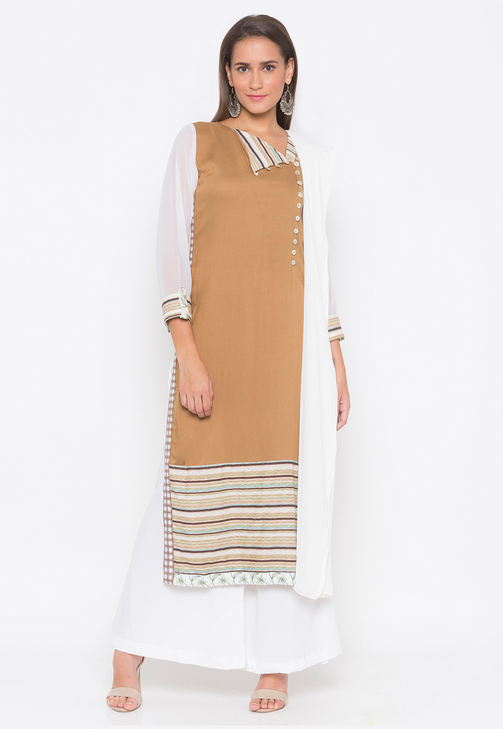 Brown Cotton Readymade Palazzo Suit 223496