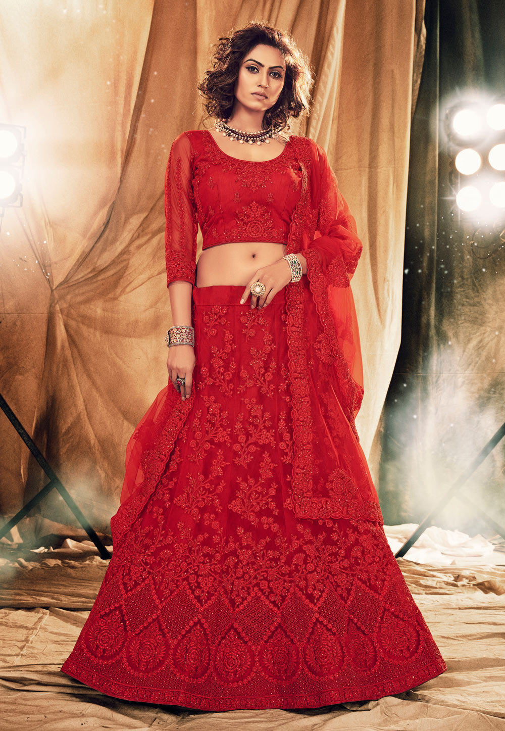 Red Net Embroidered Bridal Lehenga Choli 222564