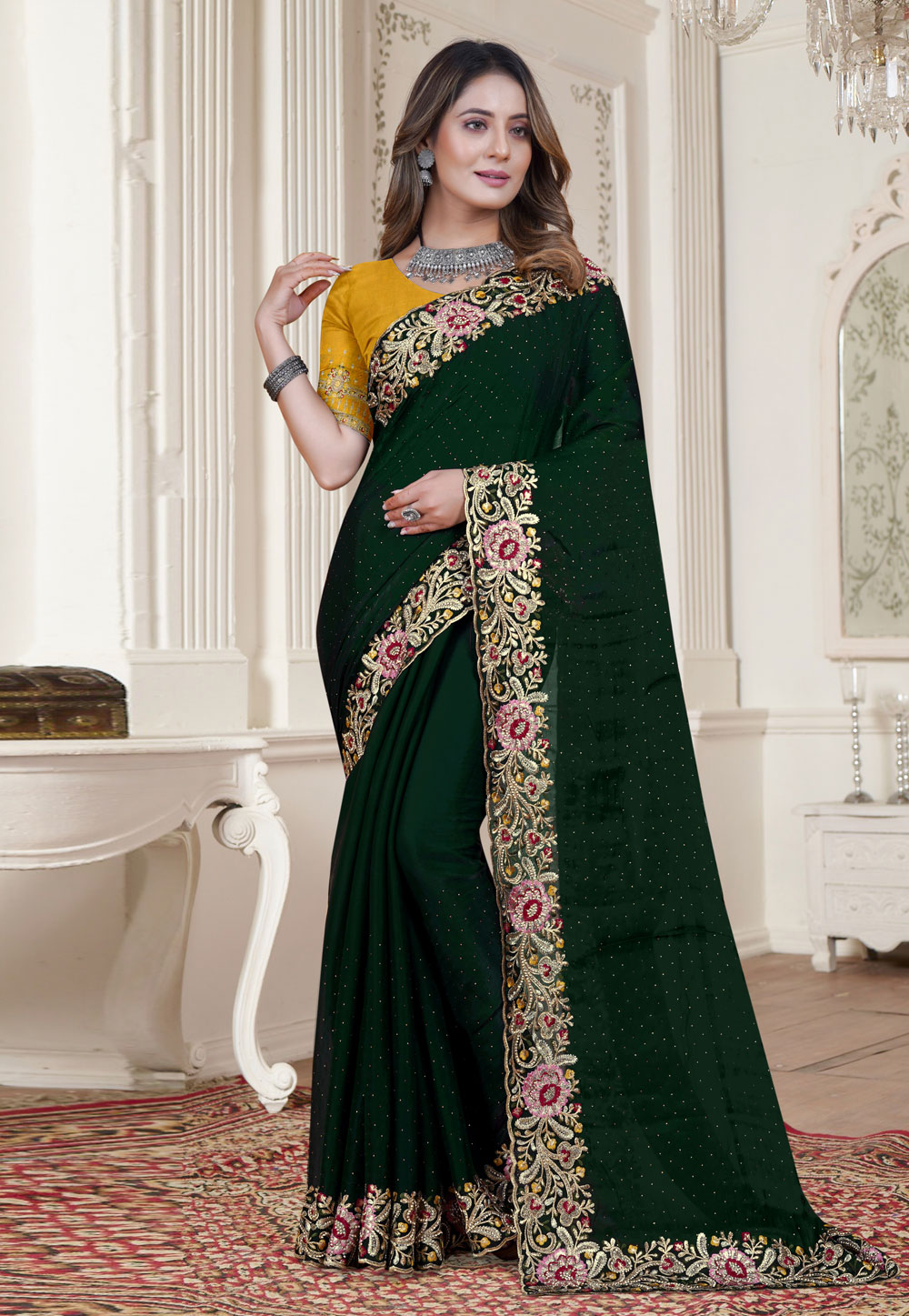 Green Satin Silk Saree With Blouse 270646