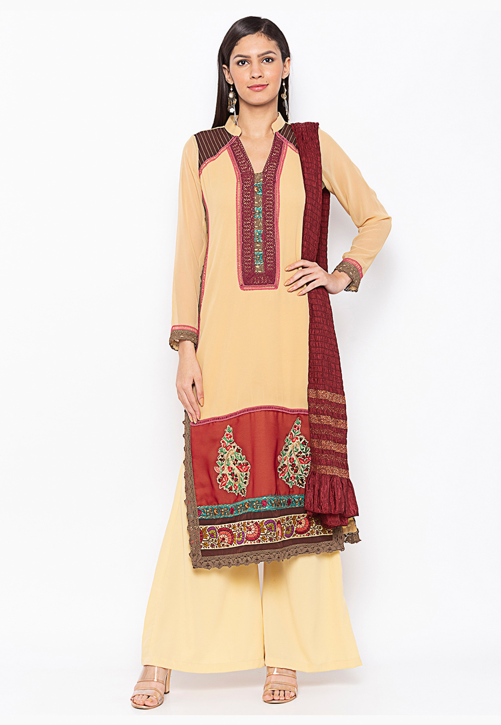 Beige Georgette Readymade Kameez With Palazzo 246143