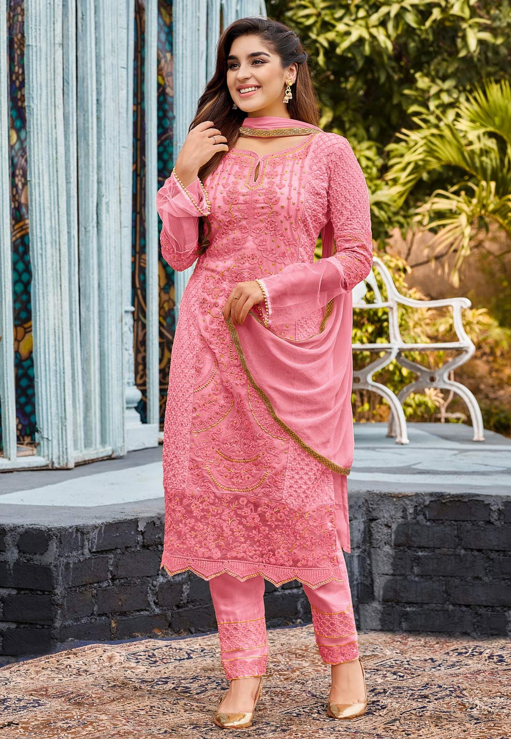 Pink Faux Georgette Straight Suit 247359