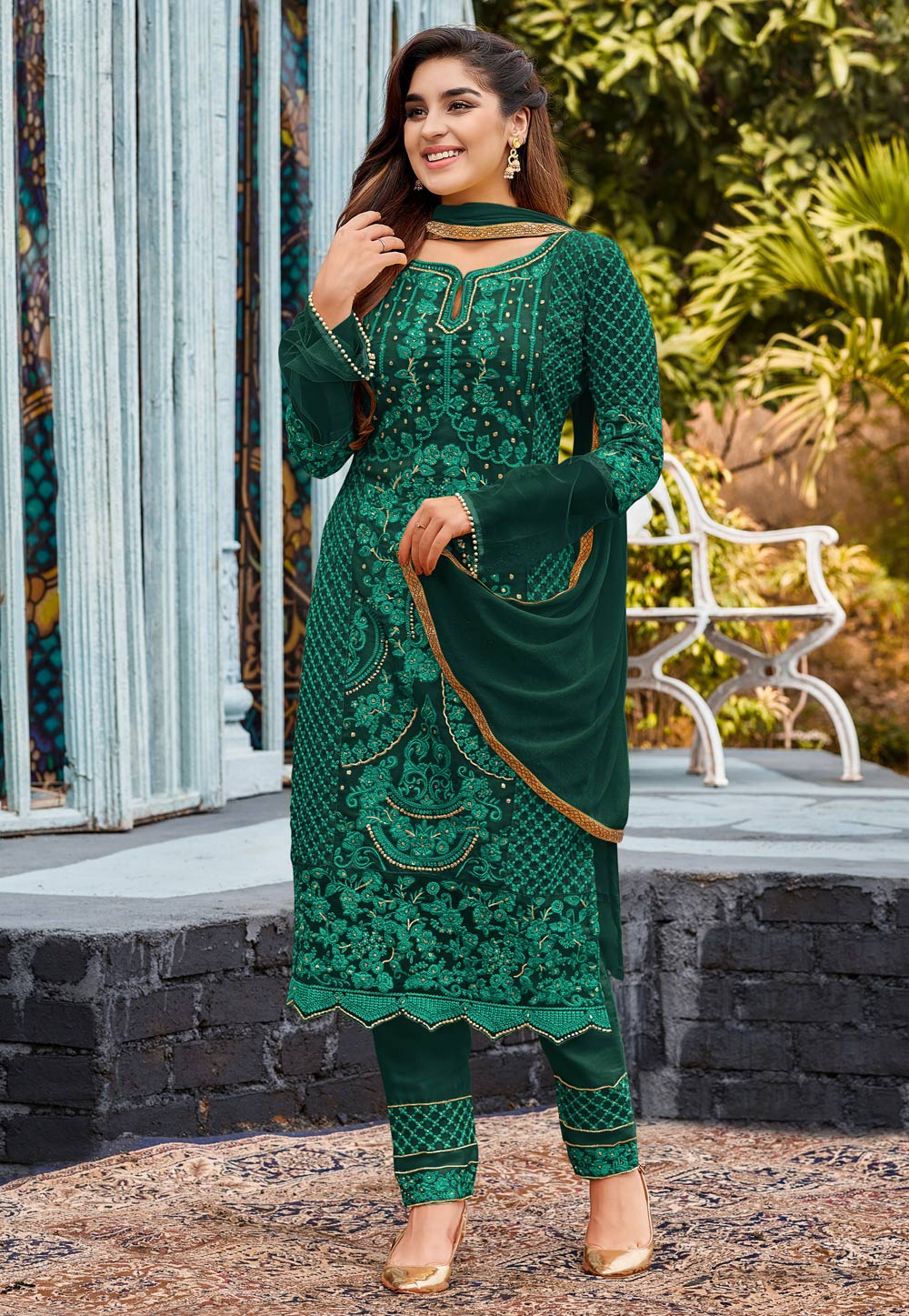 Green Faux Georgette Straight Suit 255237