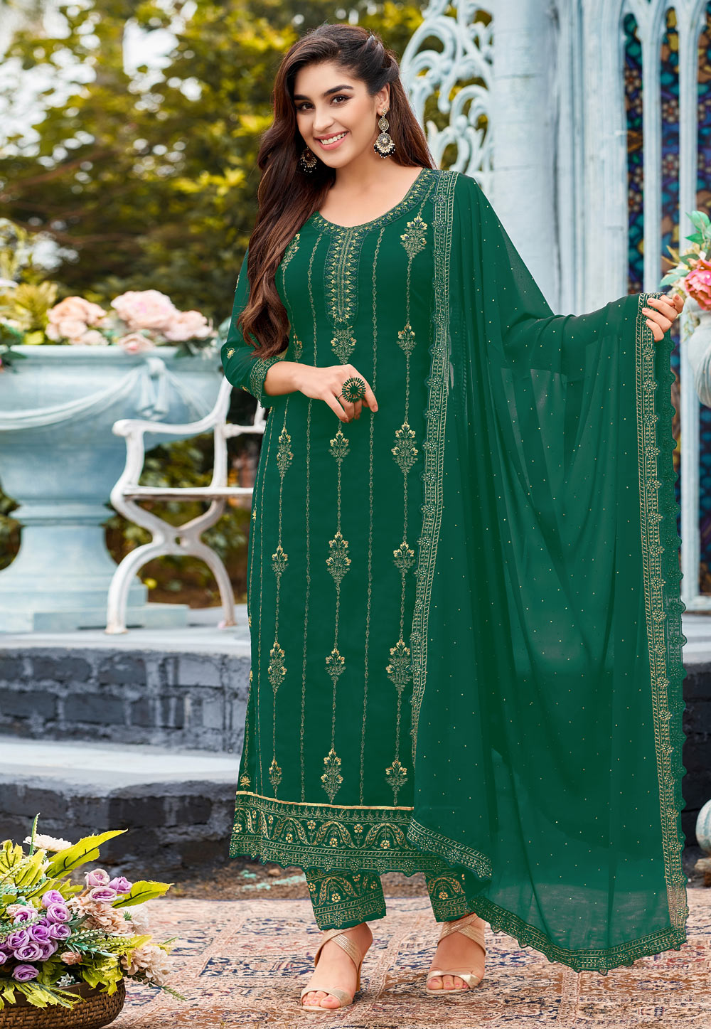 Green Faux Georgette Pant Style Suit 250234