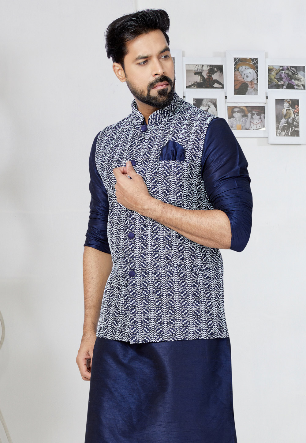 Buy online Blue Floral Print Kurta Pyjama Set With White Solid Nehru Jacket  from Clothing for Men by Hangup for ₹2169 at 73% off | 2024 Limeroad.com