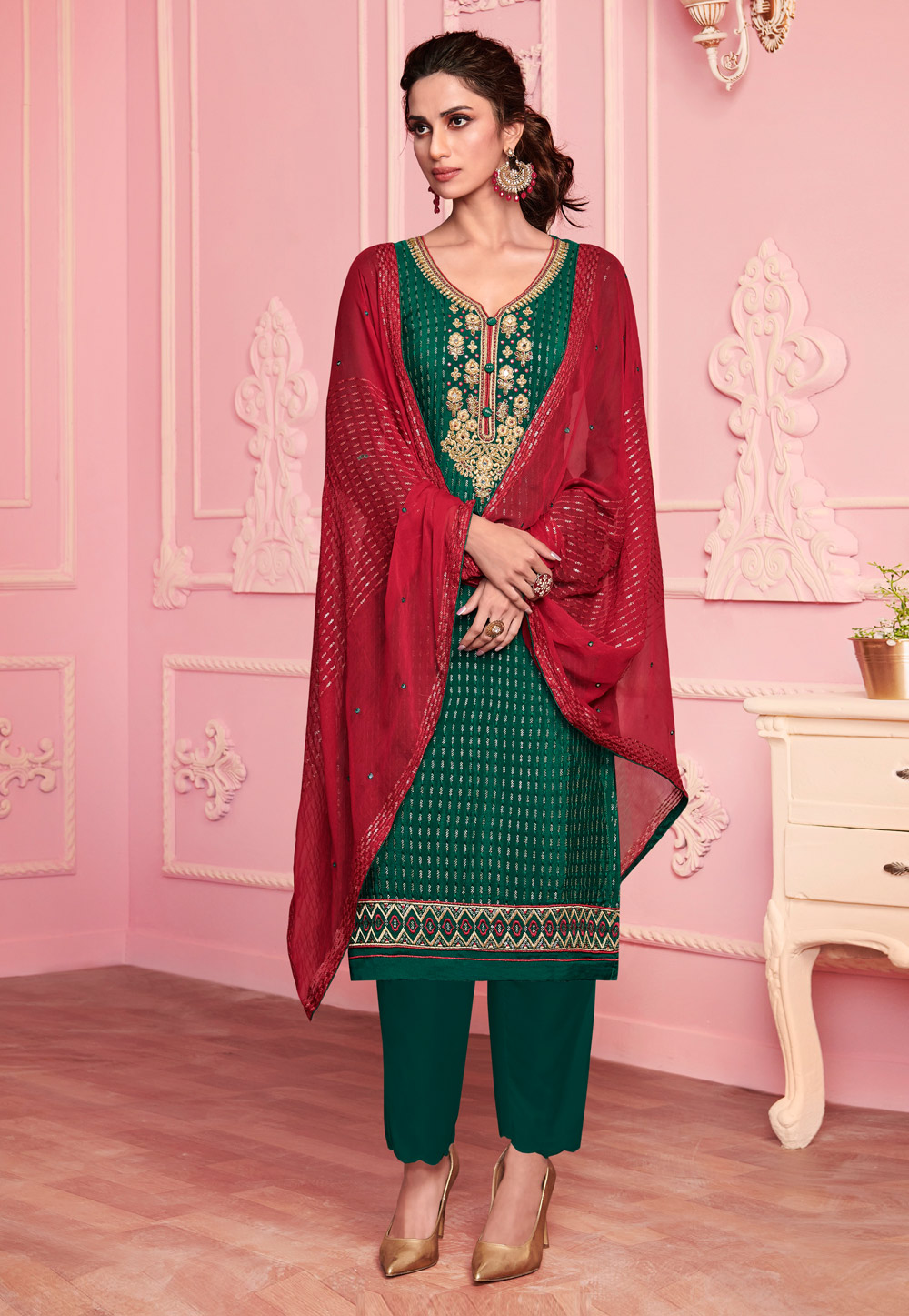 Green Georgette Pant Style Suit 231155