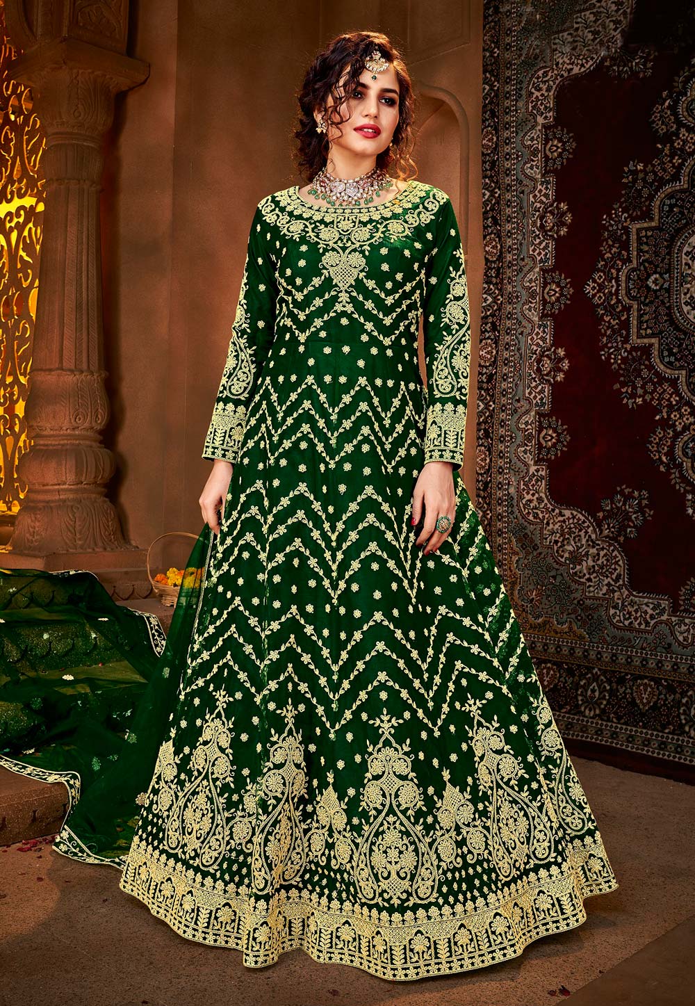 Green Net Embroidered Abaya Style Anarkali Suit 234861