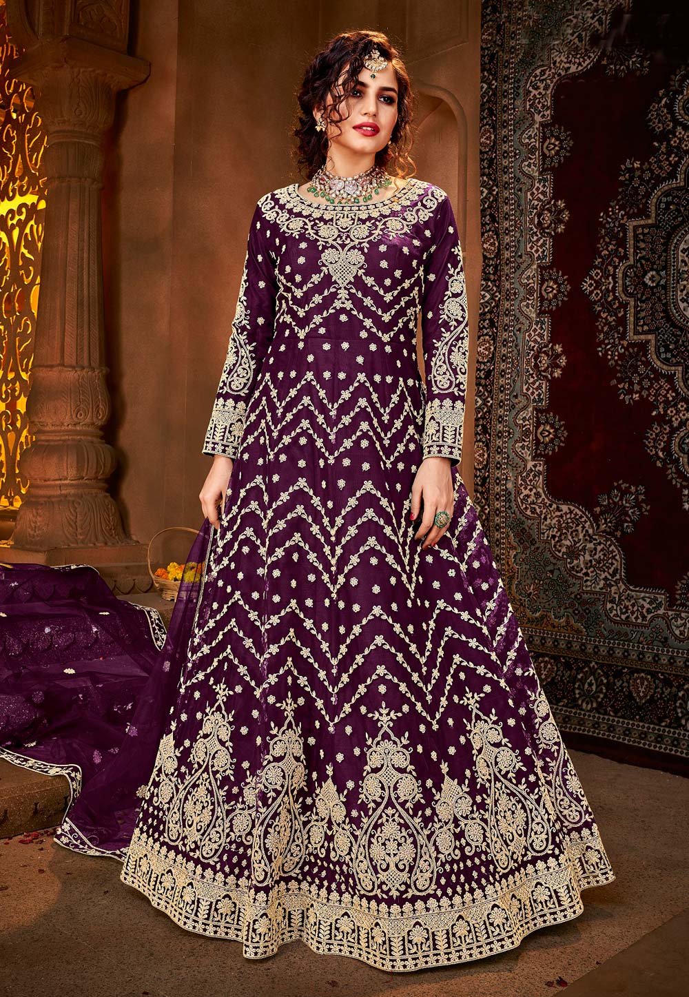 Purple Net Embroidered Long Anarkali Suit 234862