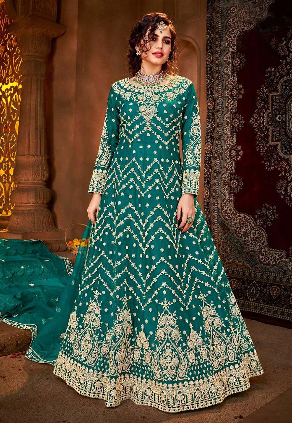 Teal Net Embroidered Abaya Style Anarkali Suit 234863