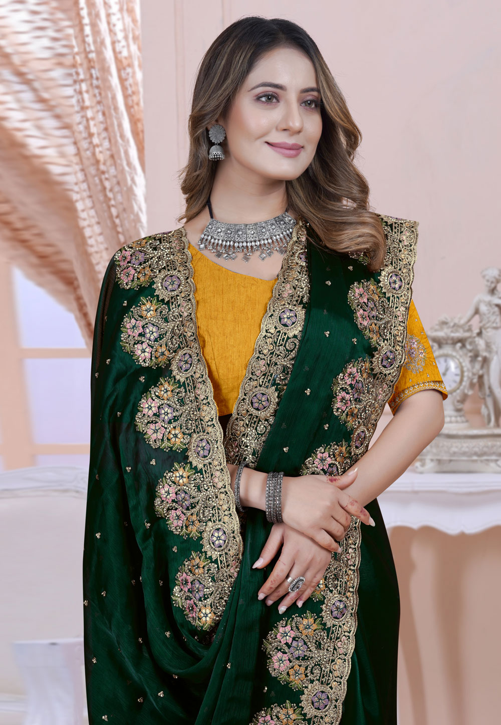 Dark Green Heavy Embroidered Soft Georgette Saree with Designer Blouse |  TST | The Silk Trend