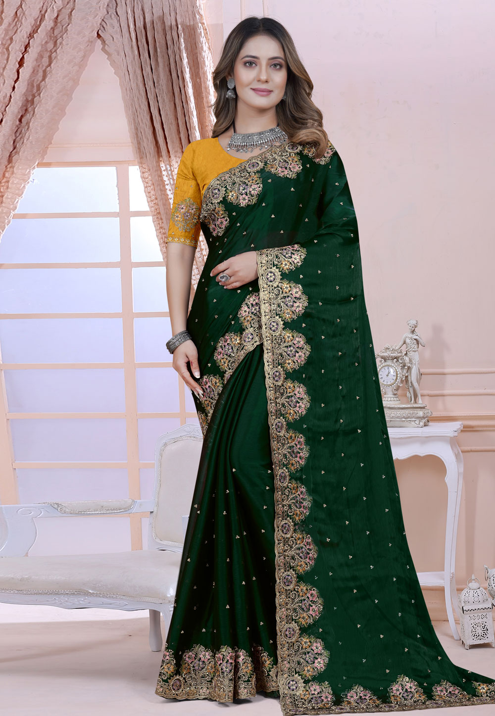 Green Satin Silk Saree With Blouse 270650