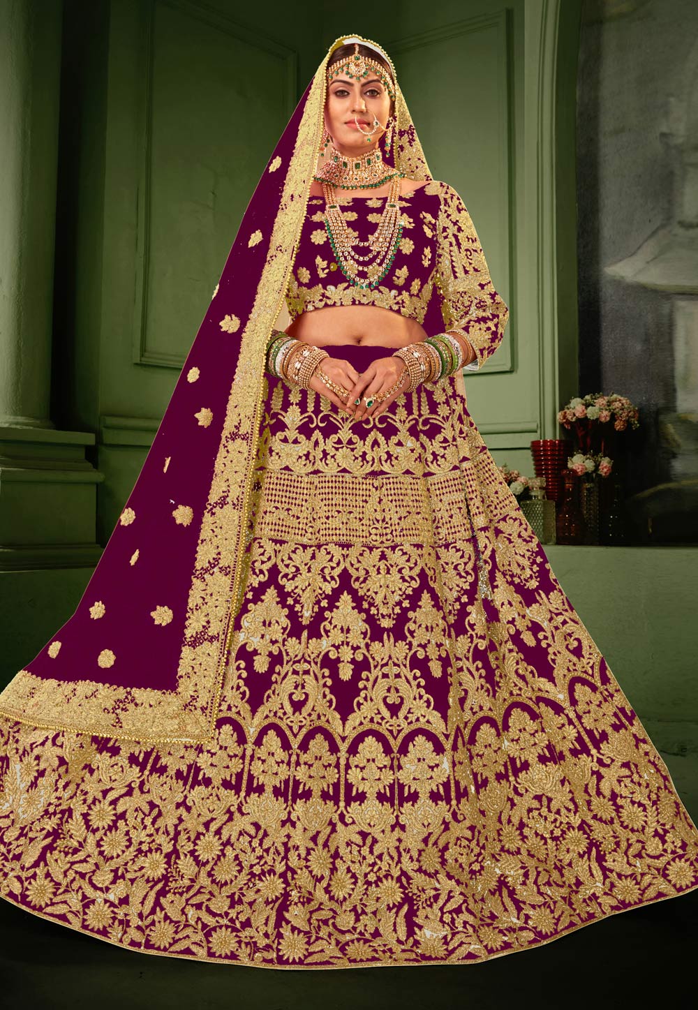 Purple Velvet Bridal Lehenga Choli 227430