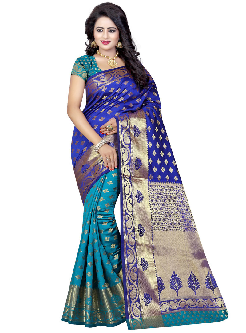 Blue Banarasi Silk Half N Half Saree 92531