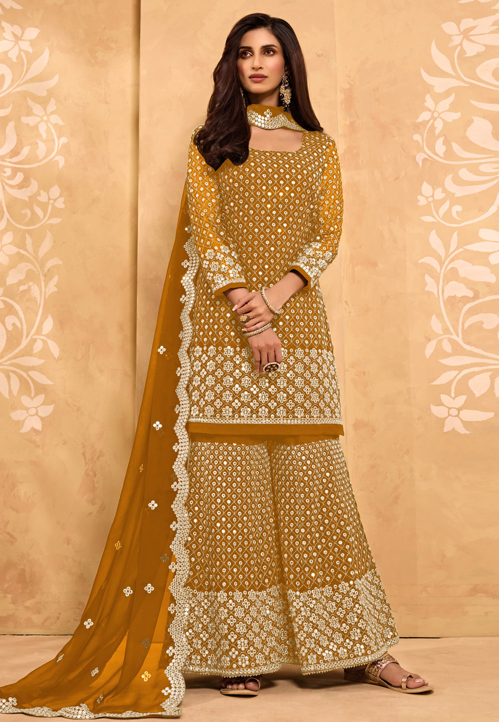 Mustard Georgette Kameez With Palazzo 237296