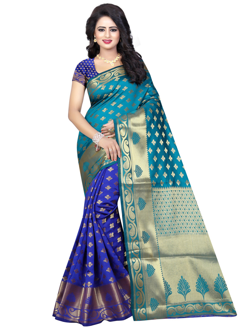 Teal Banarasi Silk Half N Half Saree 92536