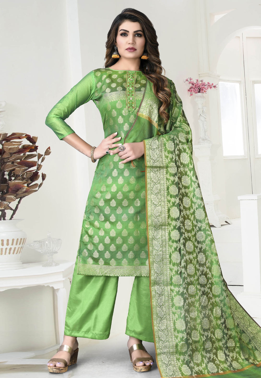 Light Green Banarasi Jacquard Palazzo Suit 246881