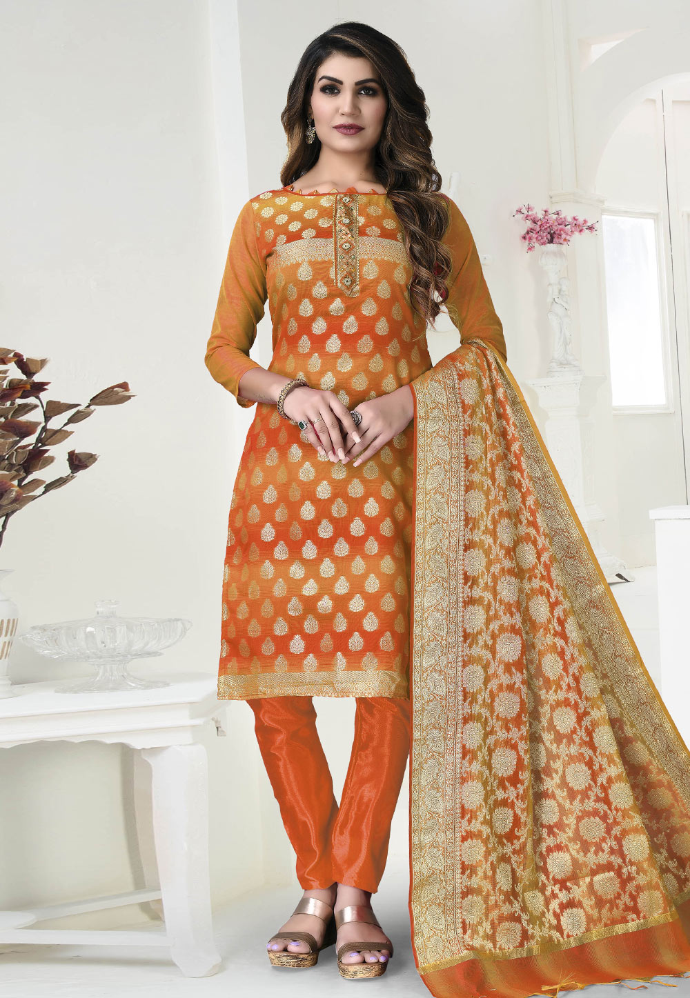 Orange Banarasi Jacquard Pant Style Suit 246883