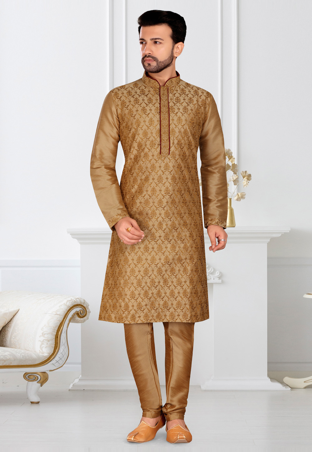 Beige Banarasi Silk Kurta Pajama 233600