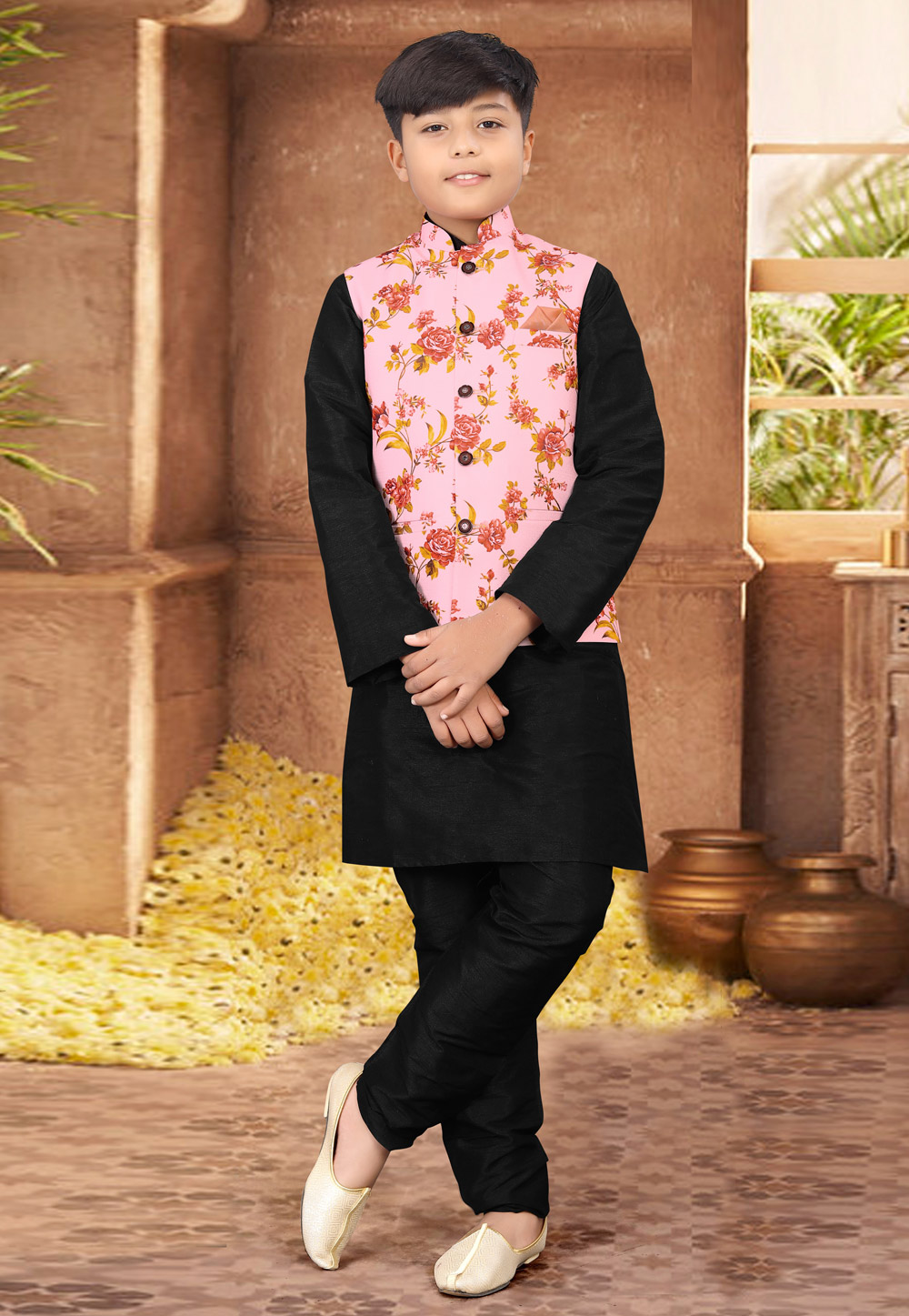 Men's Black Kurta Pajama With Pink Nehru Jacket 791MW22