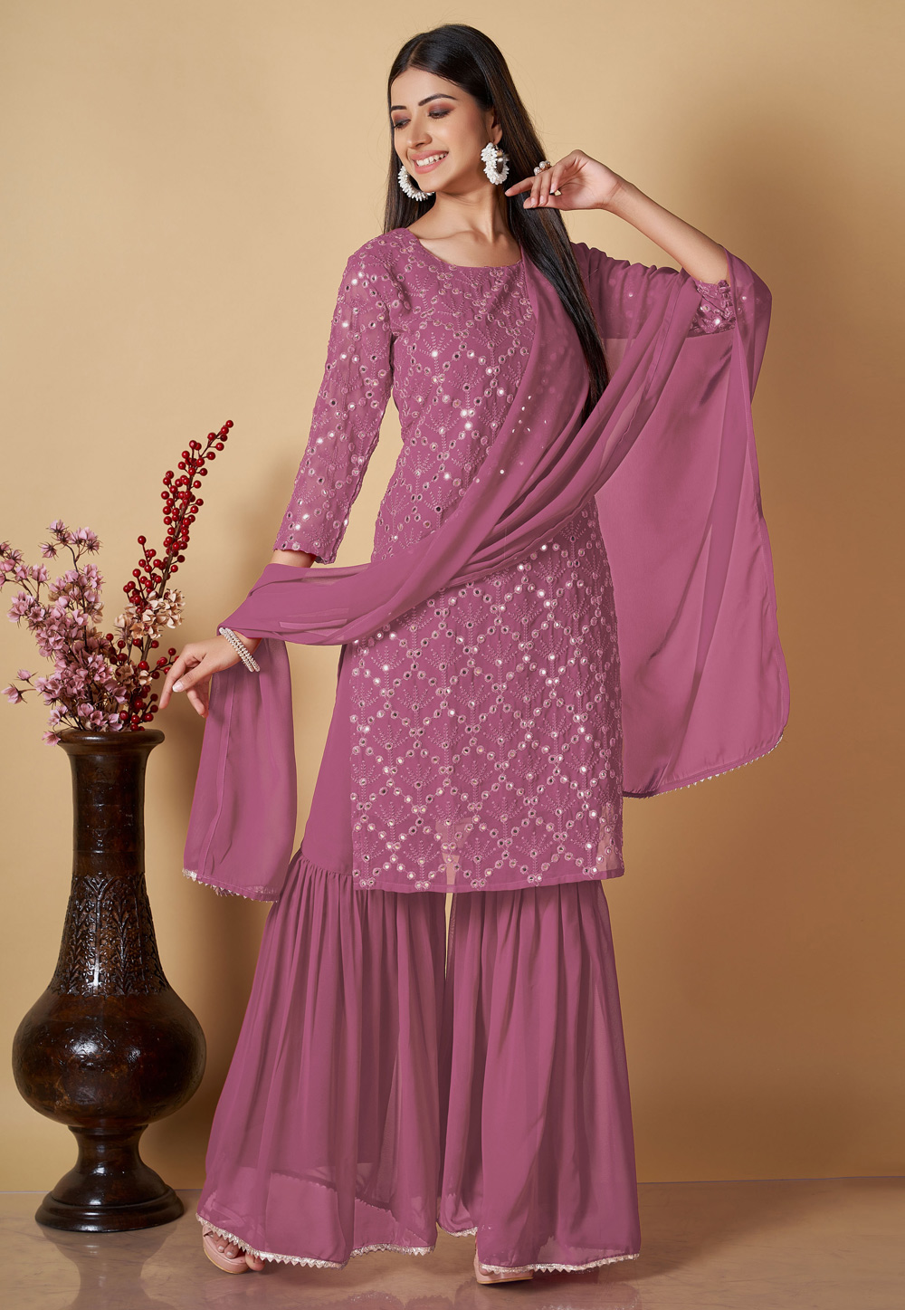 Pink Georgette Readymade Sharara Suit 268850