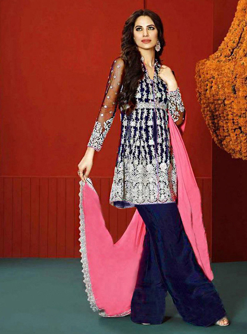 Blue Semi Georgette Kameez With Palazzo Pant 76180