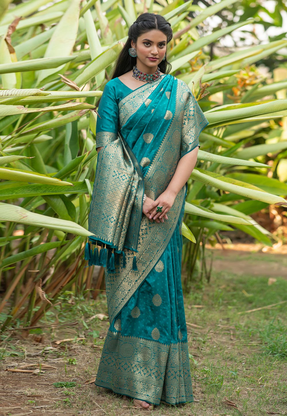 Turquoise Banarasi Silk Saree With Blouse 231372