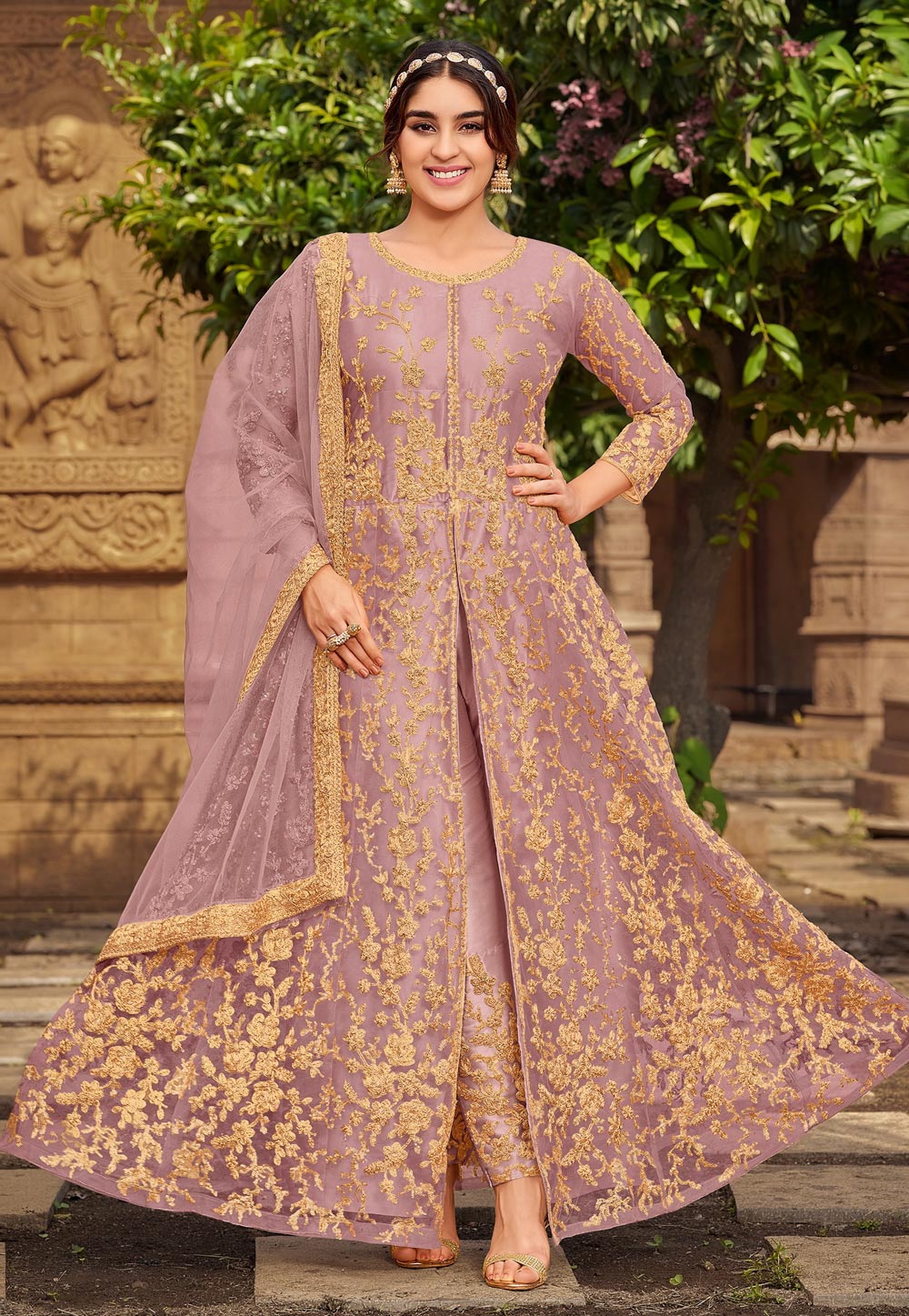 Pink Net Embroidered Anarkali Suit with Embroidered Pant 243194