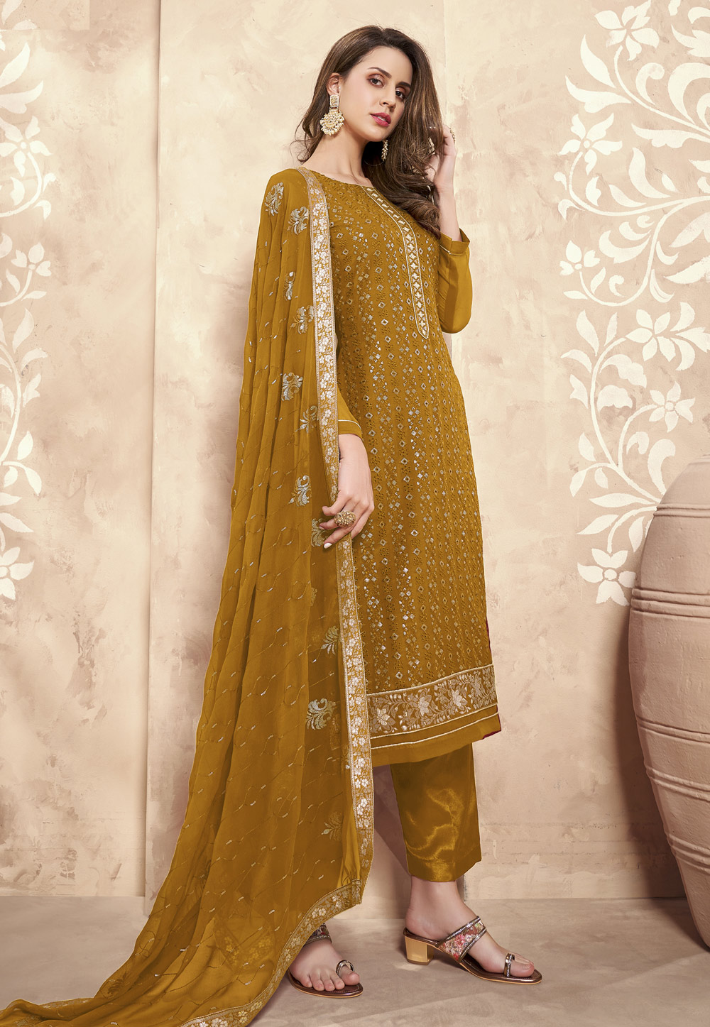 Mustard Georgette Pant Style Suit 233646