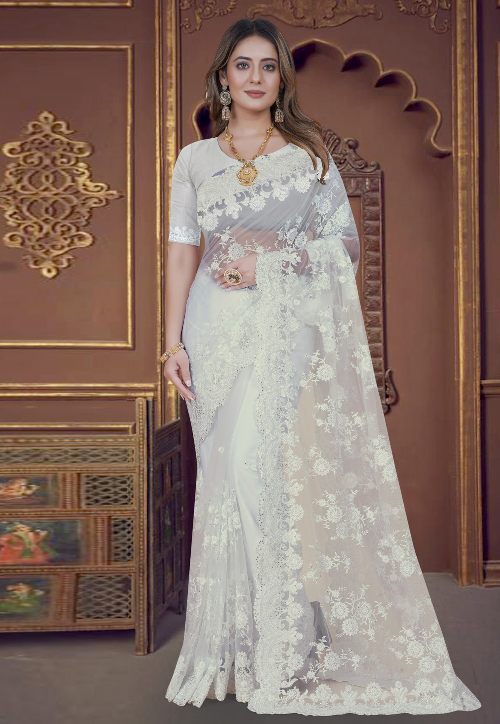 Off White Net Saree With Blouse 270760