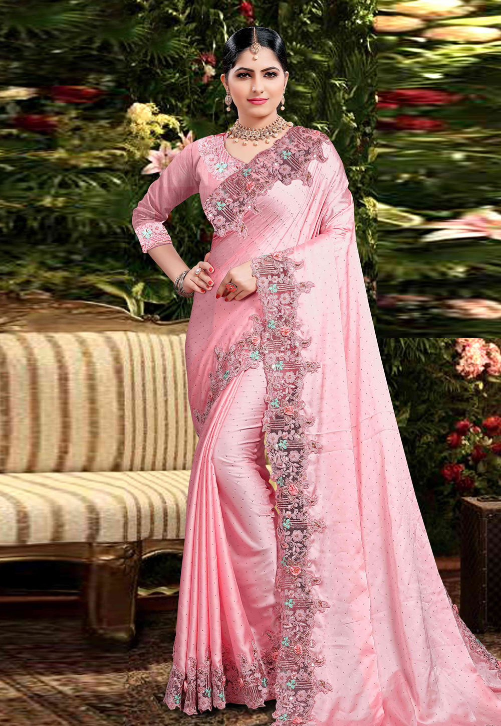 Pink Satin Saree With Blouse 200849