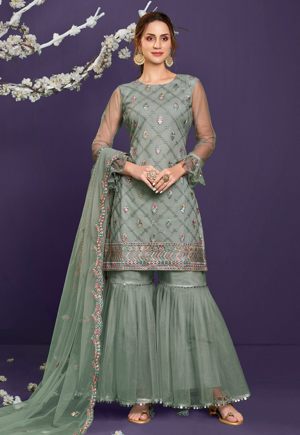 Olive Green Net Sharara Suit 236316