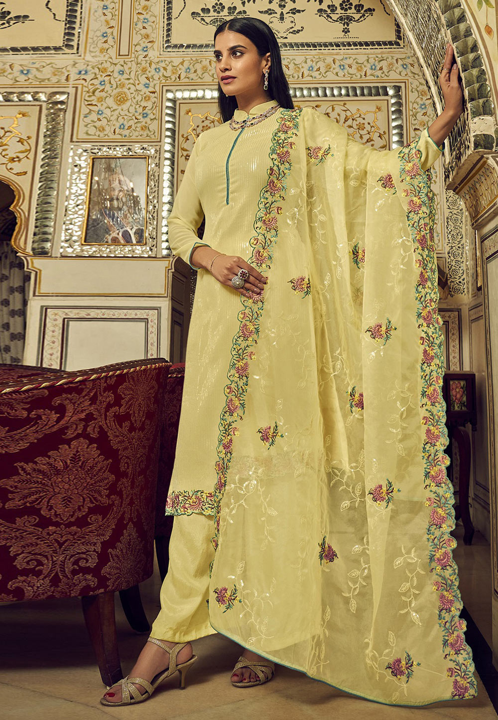 Yellow Georgette Kameez With Palazzo 241765