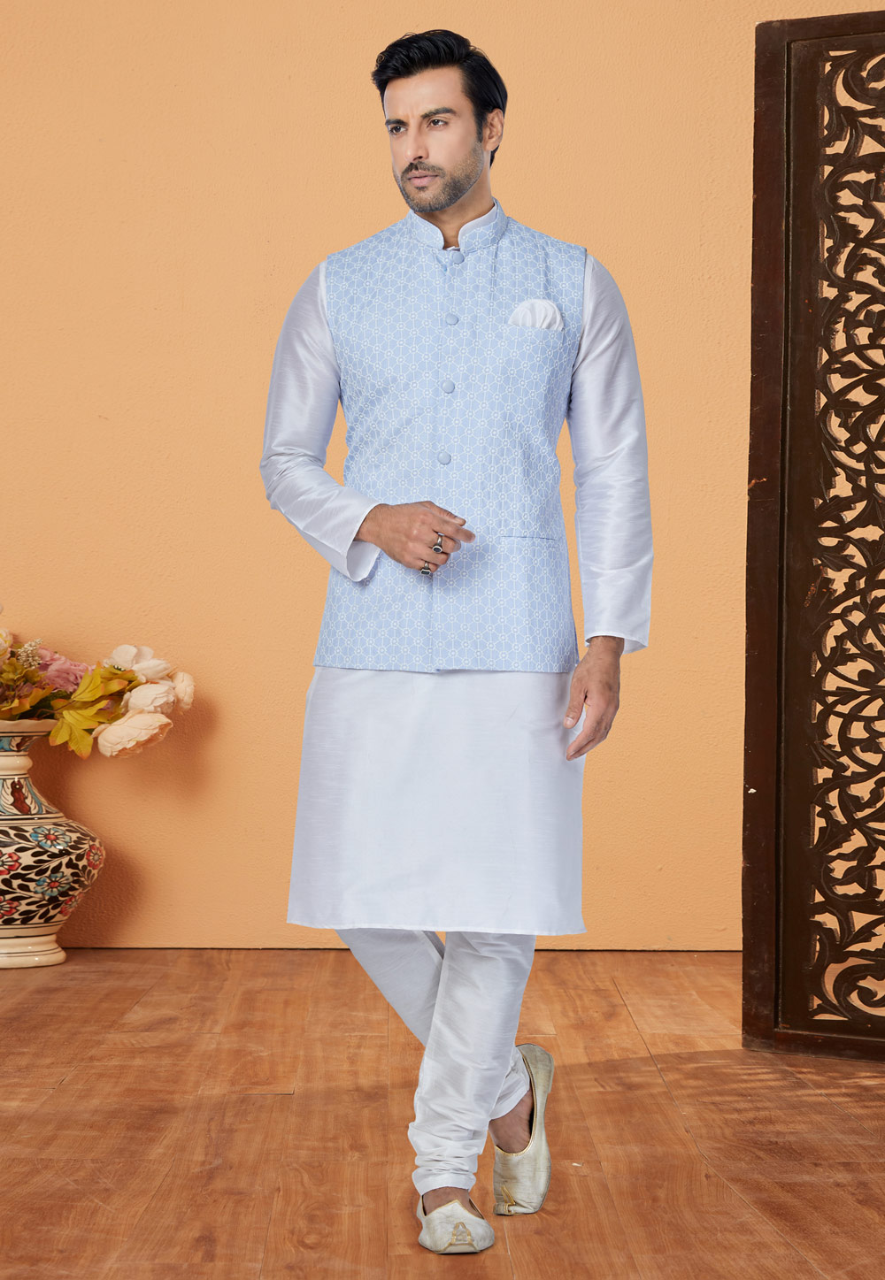 White Banarasi Kurta Pajama With Jacket 265272