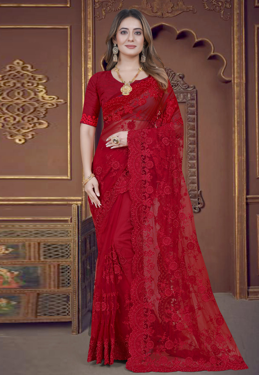 Red Net Saree With Blouse 270761