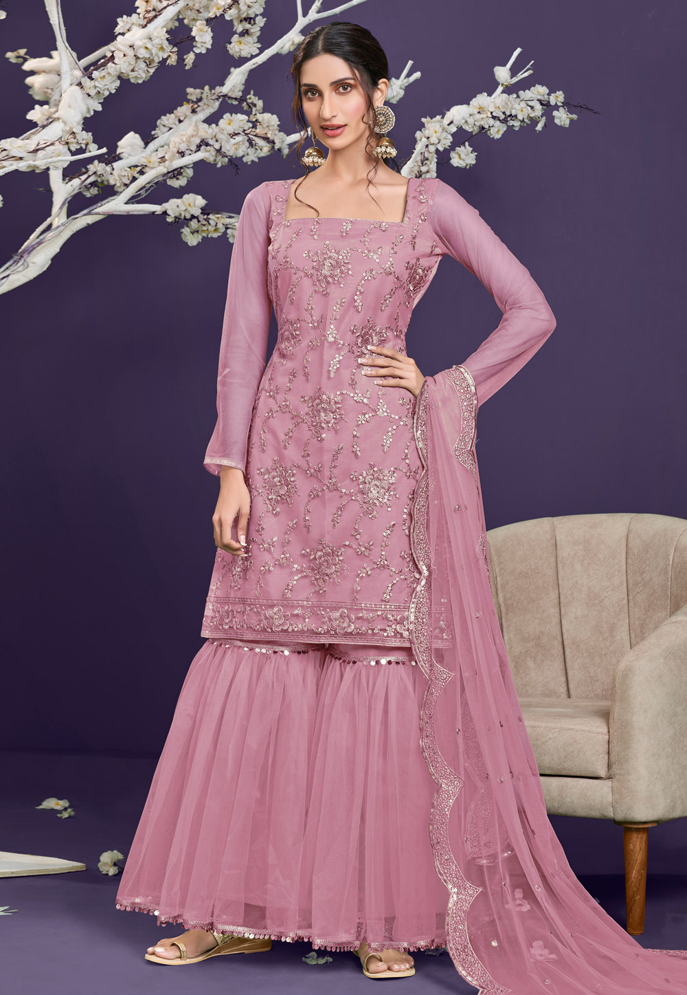 Pink Net Sharara Suit 236320