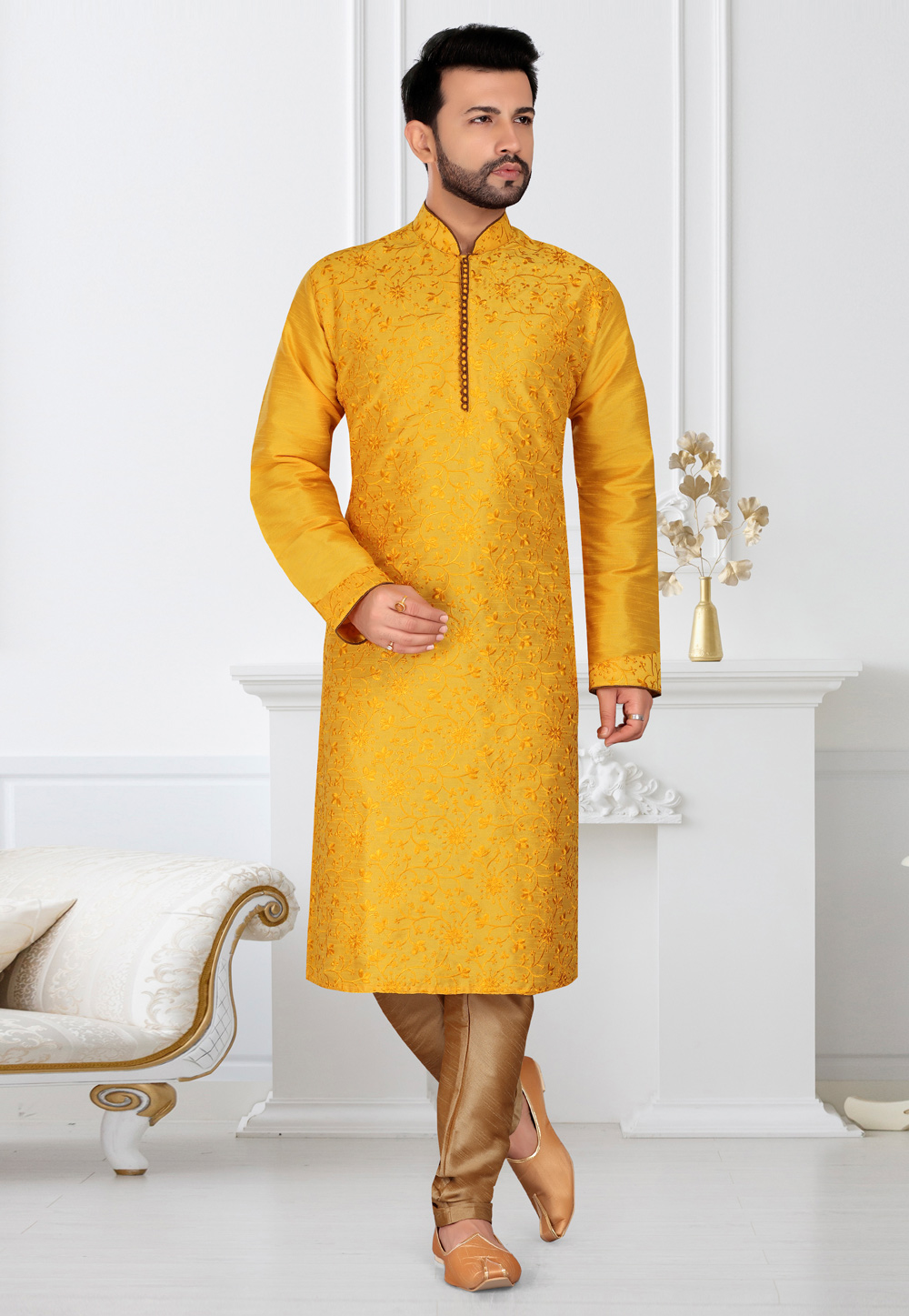 Yellow Banarasi Silk Kurta Pajama 233604