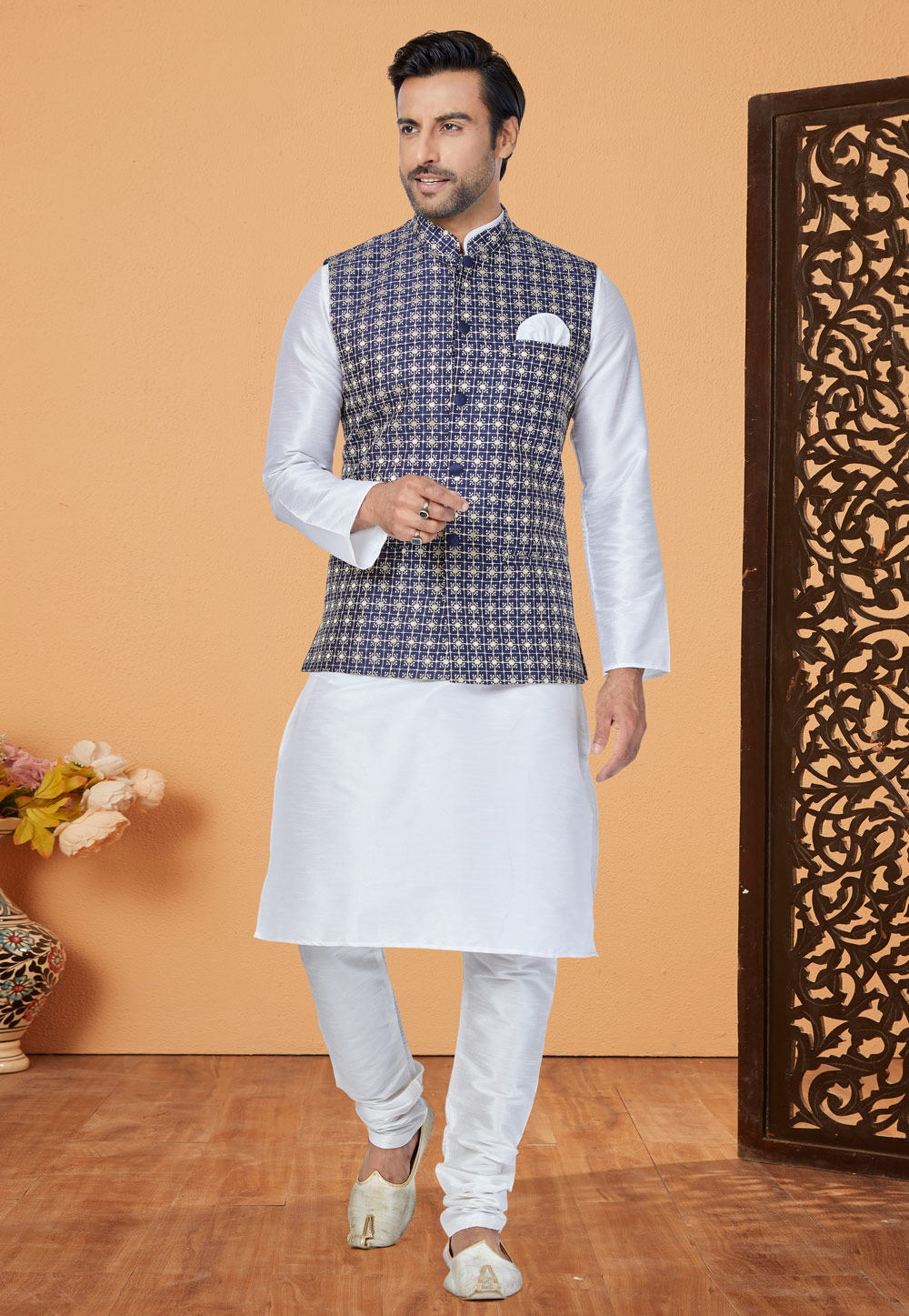 White Banarasi Kurta Pajama With Jacket 265274