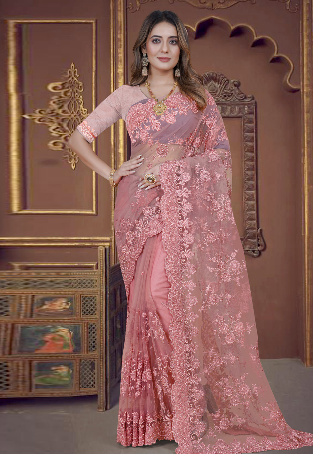 Pink Net Saree With Blouse 270763