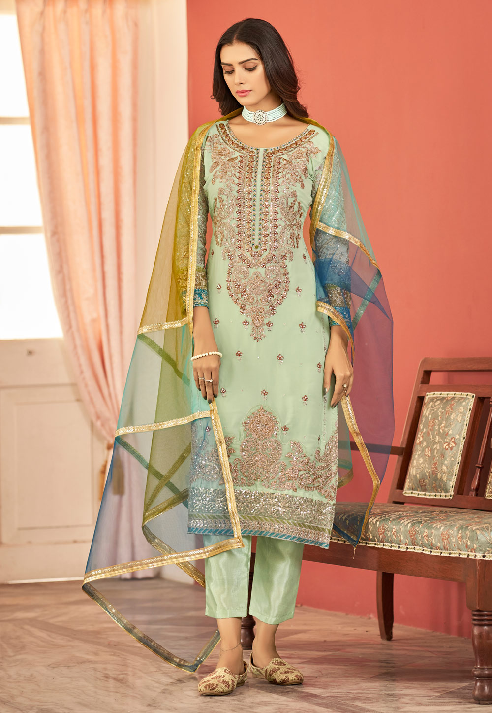 Pista Green Faux Georgette Embroidered Pant Style Suit 260009