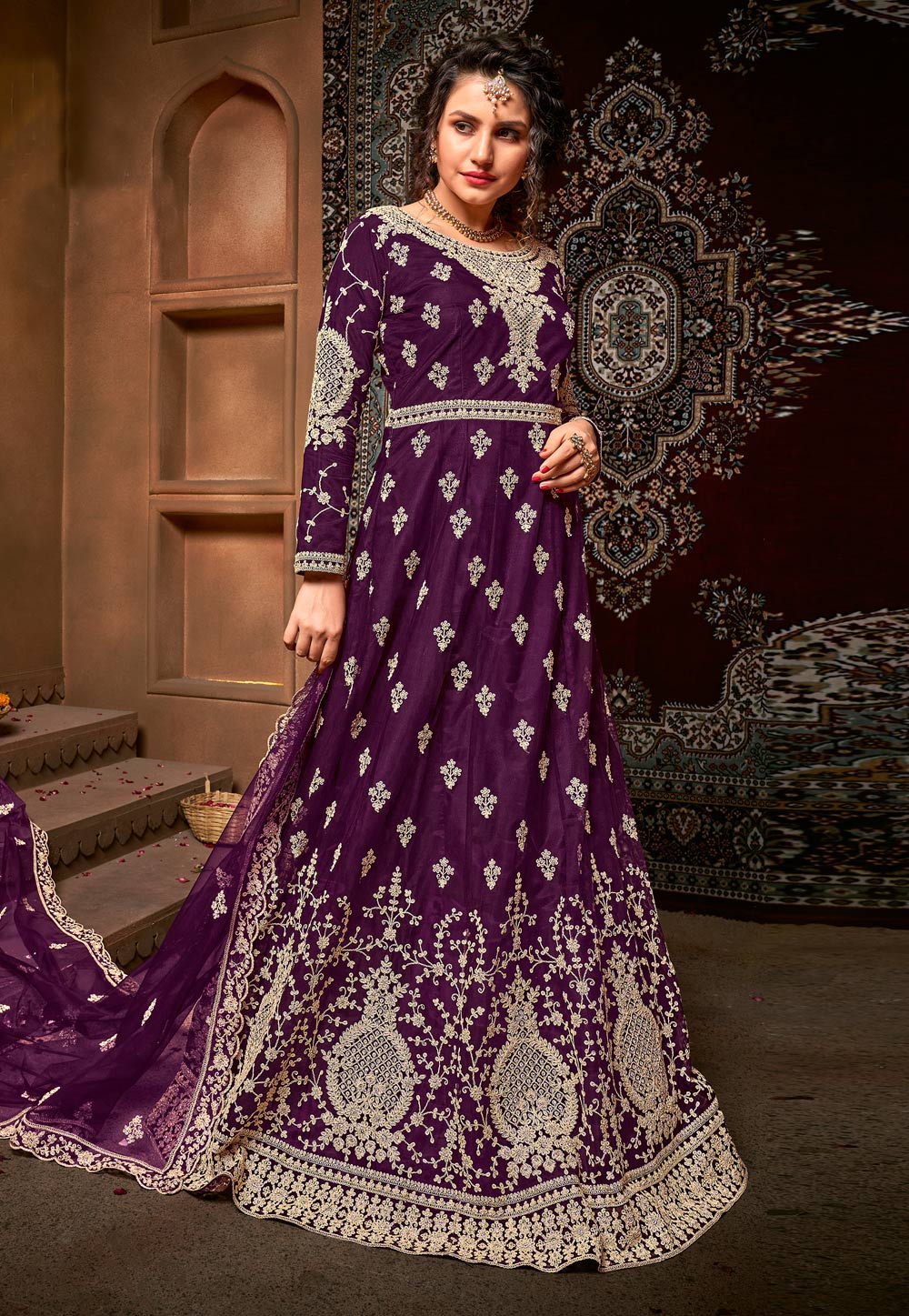 Purple Net Embroidered Floor Length Anarkali Suit 227406