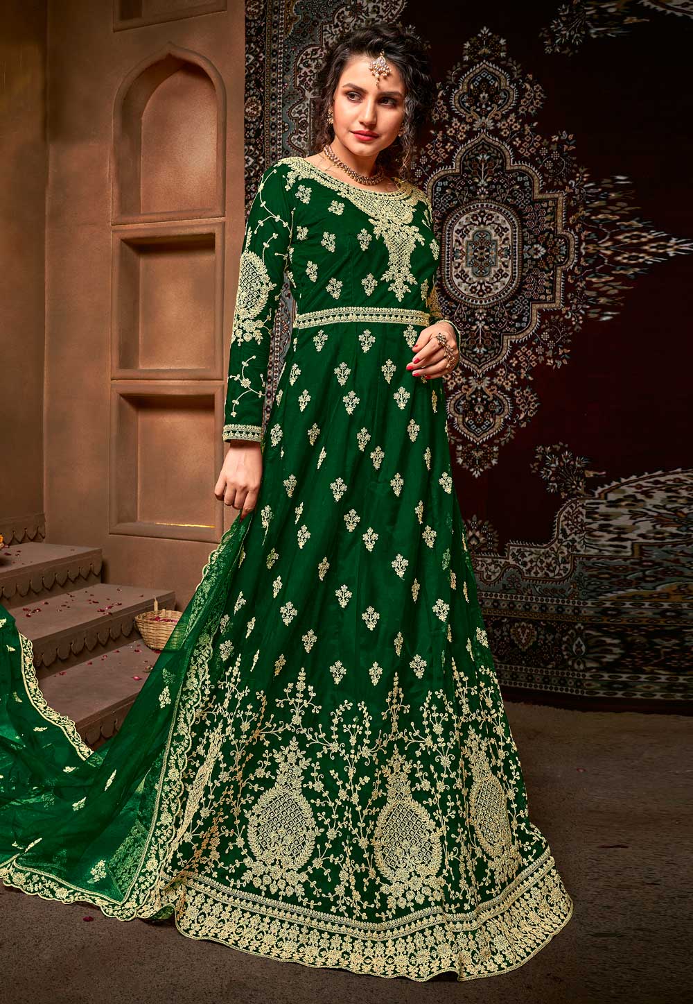 Green Net Embroidered Abaya Style Anarkali Suit 227407