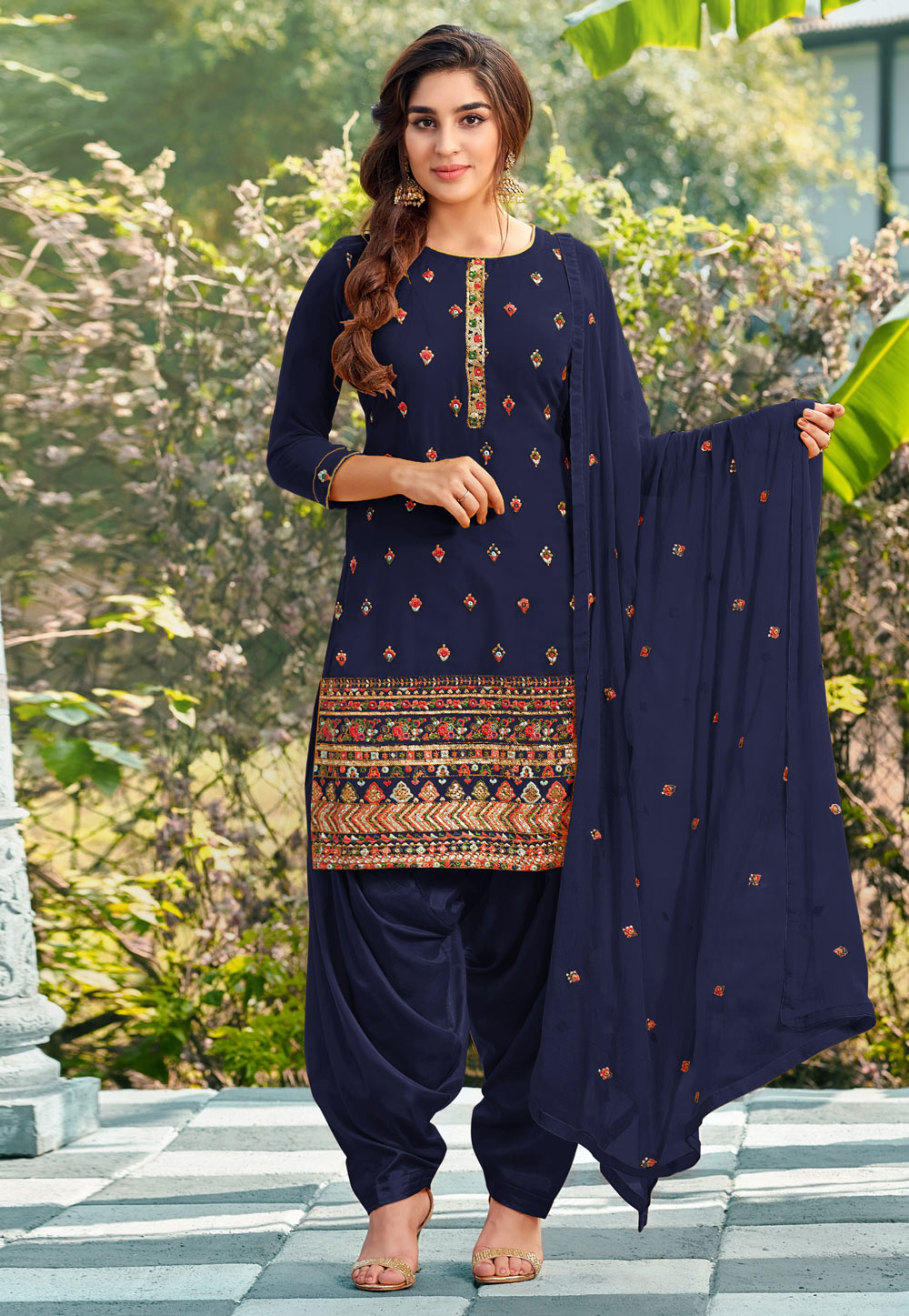 Navy Blue Faux Georgette Patiala Suit 251305