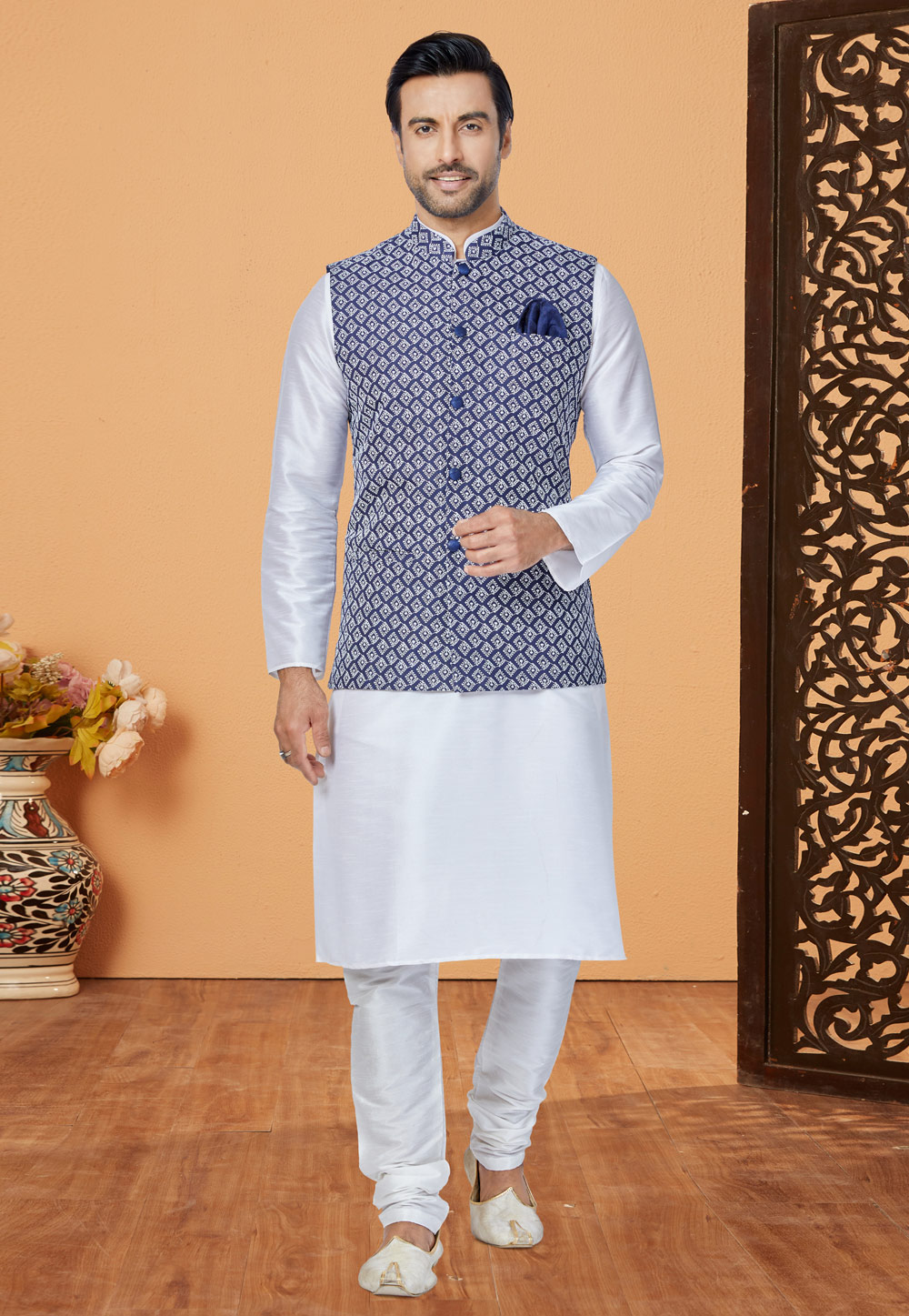 White Banarasi Kurta Pajama With Jacket 265275