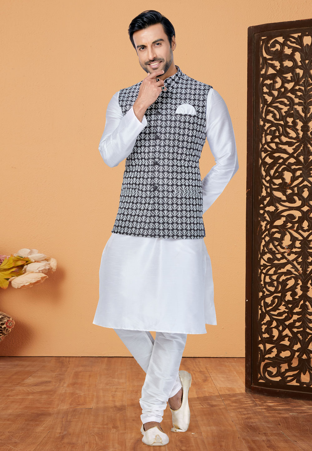 White Banarasi Kurta Pajama With Jacket 265276