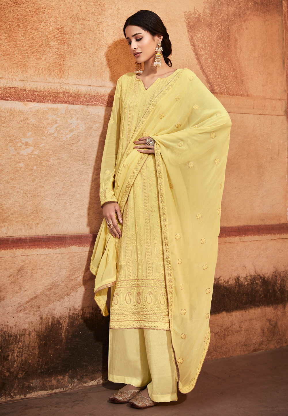 Yellow Georgette Palazzo Suit 241540