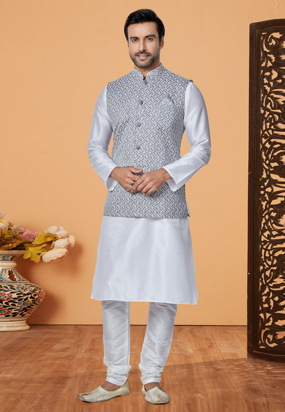 White Banarasi Kurta Pajama With Jacket 265277