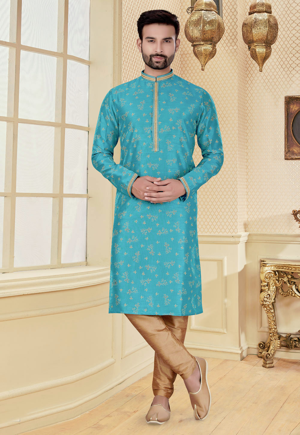Turquoise Silk Kurta Pajama 251201