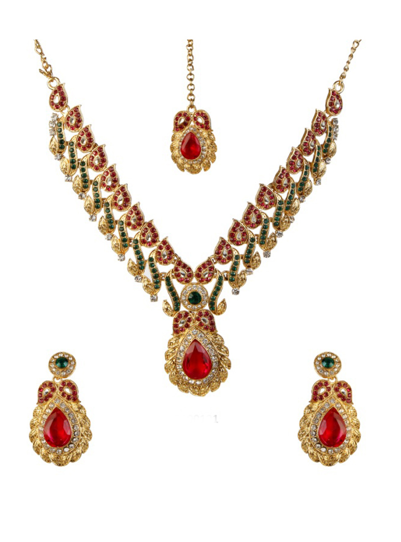 Red Alloy Necklace With Earrings and Maang Tikka 92779